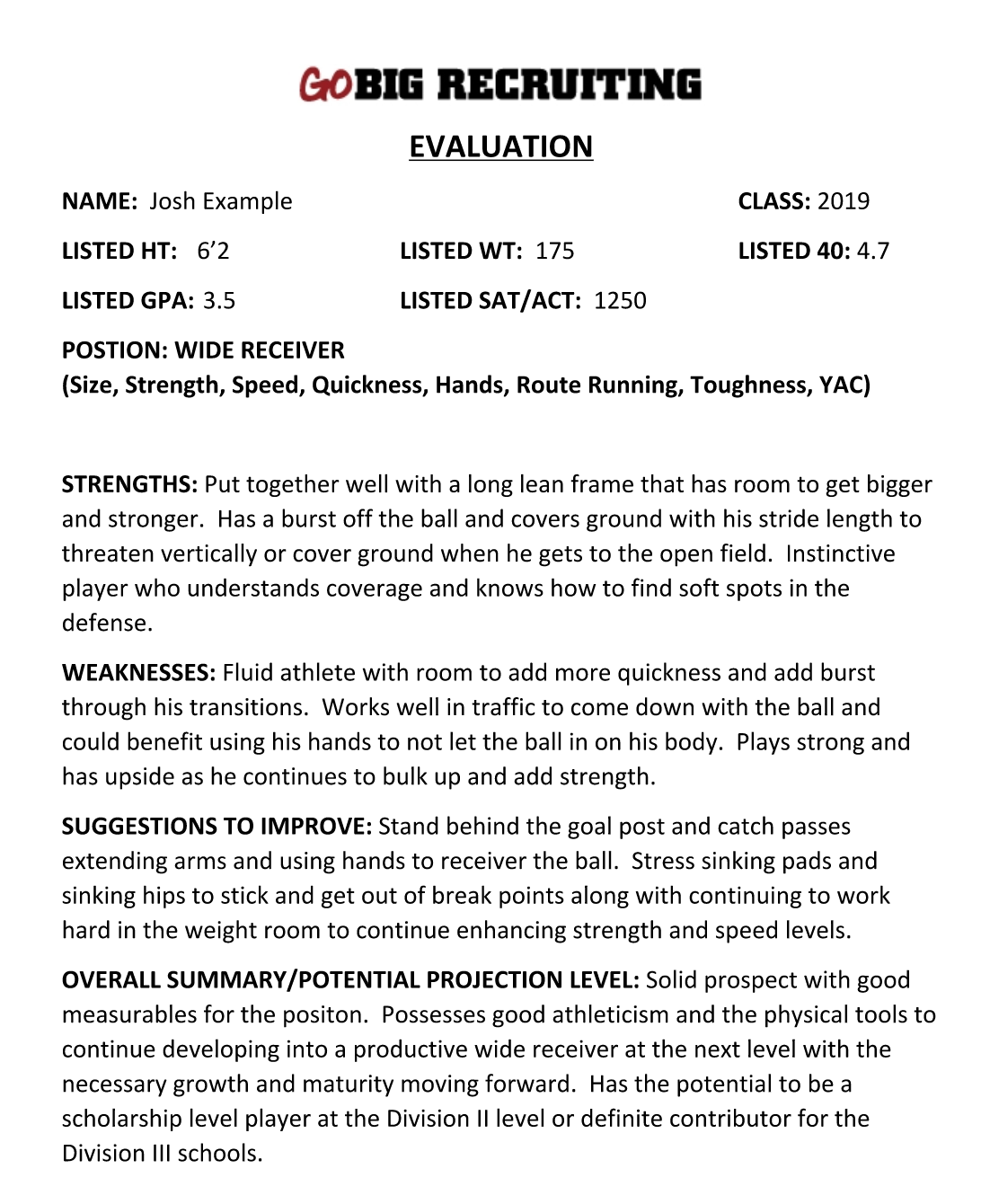 Example Go Big Pro evaluation from a former D1 coach