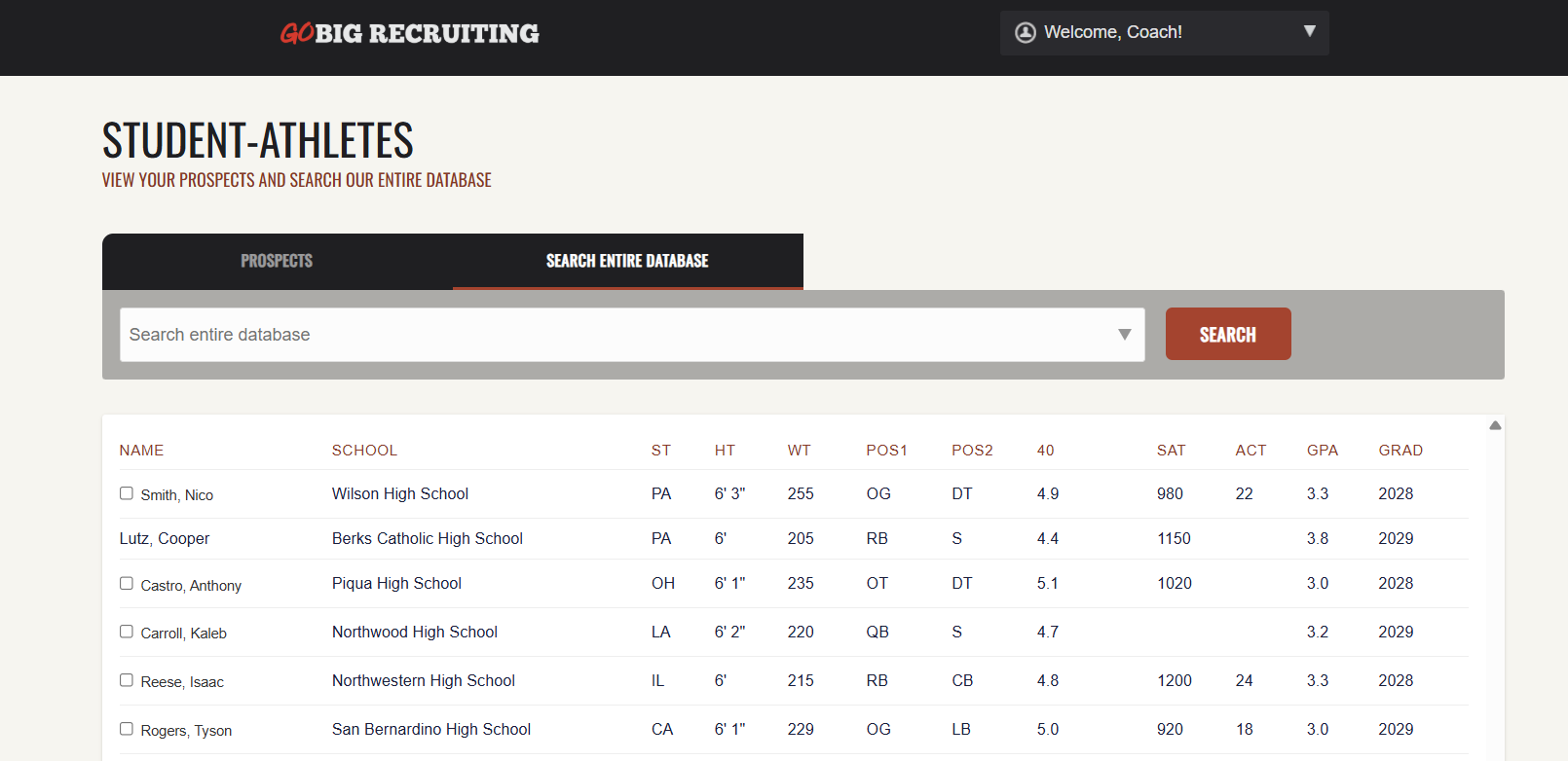 Coach dashboard listing student-athlete prospects with heights, weights, positions and GPAs
