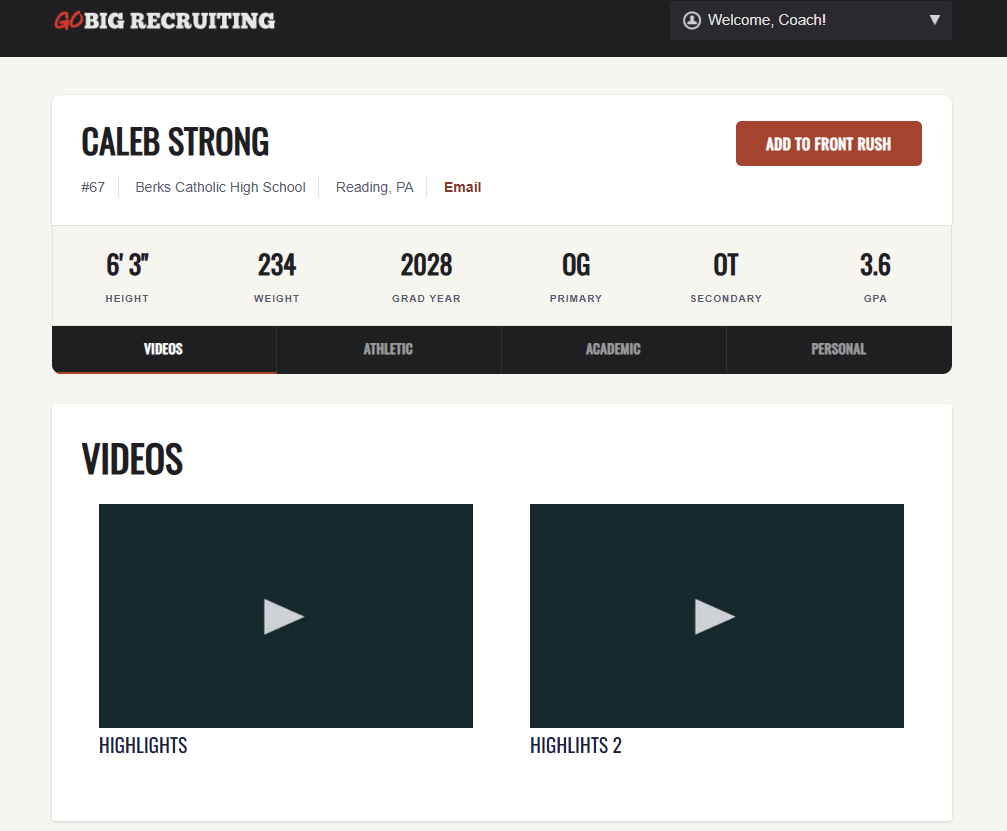 Coach view of an athlete profile with stats, tabs and Add to favorites