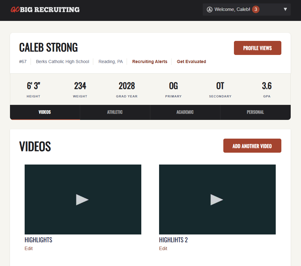 Go Big athlete profile showing college view notifications