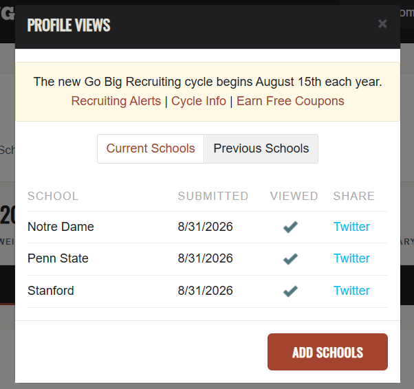 Profile Views panel listing each school and whether they viewed the profile