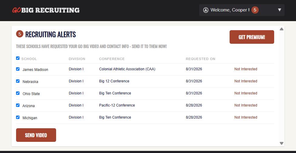 Recruiting Alerts dashboard listing programs that requested the athlete's video